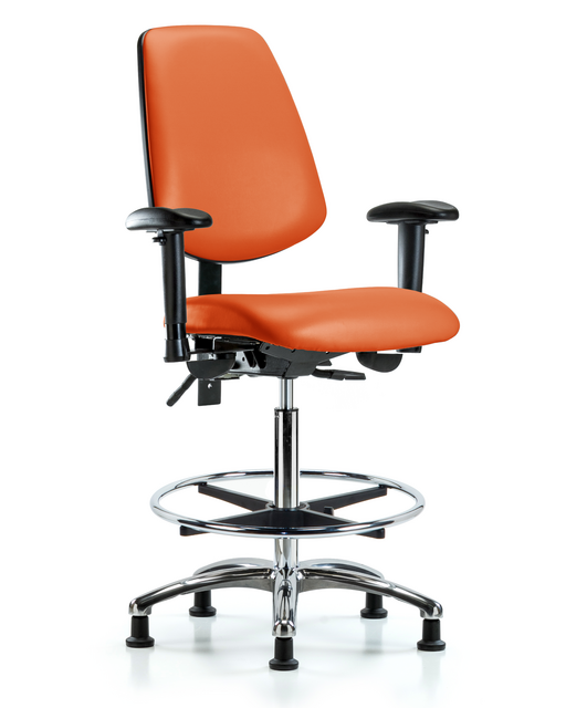 Blue Ridge Ergonomics® Orange Vinyl Lab Chair Chrome Base with Large Back, Seat Tilt, Adjustable Arms, Chrome Foot Ring, and Stationary Glides High Bench Height