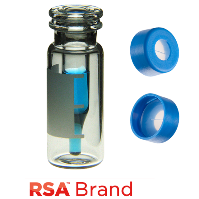 MicroSolv Reduced Surface Activity Vial Kits, Low Volume Vial & Cap kit includes 100 EA 300 ul, fused insert, snap top, clear RSA™ Autosampler vials with write on patch and fill lines and 100 EA matching snap caps with clear AQR Silicone Rubber / clear PTFE pre-slit, ultra-pure septa, fitted in the light blue caps. RSA Brand Easy Purchase Pack. 1 PK.
