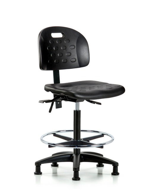 Blue Ridge Ergonomics® High Bench Height Lab Chair Black Base with Integrated Handle, Seat Tilt, Chrome Foot Ring, and Stationary Glides Black Polyurethane