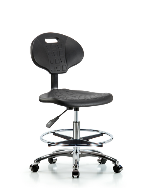 Blue Ridge Ergonomics® Medium Bench Height Chair Chrome Base with Tulip Back, Chrome Foot Ring, and Casters Black Polyurethane