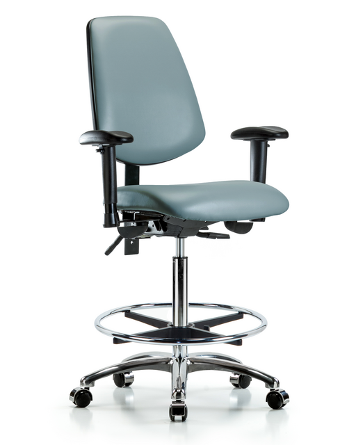 Blue Ridge Ergonomics® Storm Vinyl Lab Chair Chrome Base with Large Back, Adjustable Arms, Chrome Foot Ring, and Casters High Bench Height