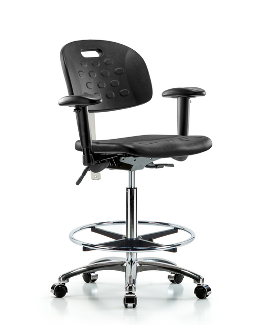 Blue Ridge Ergonomics® High Bench Height Class 100 Cleanroom Lab Chair Chrome Base with Integrated Handle, Seat Tilt, Adjustable Arms, Chrome Foot Ring, and Casters Black Polyurethane