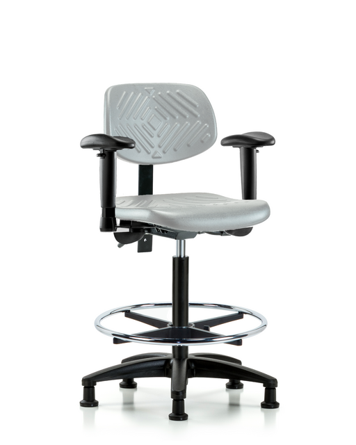 Blue Ridge Ergonomics® High Bench Height Lab Chair Black Base with Standard Back, Adjustable Arms, Chrome Foot Ring, and Stationary Glides Gray Polyurethane