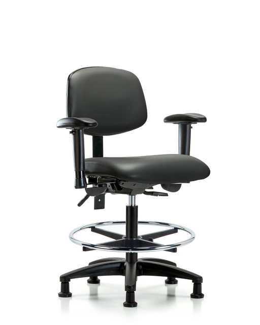 Blue Ridge Ergonomics® Medium Bench Height Lab Chair Black Base with Standard Back, Seat Tilt, Adjustable Arms, Chrome Foot Ring, and Stationary Glides Carbon Supernova™ Vinyl