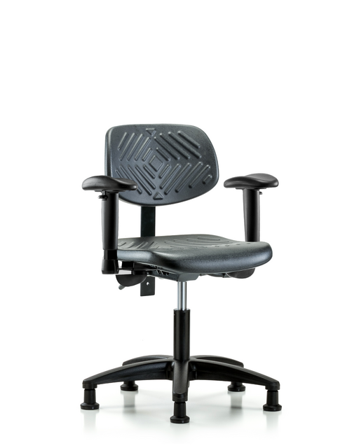 Blue Ridge Ergonomics® Desk Height Lab Chair Black Base with Standard Back, Adjustable Arms, and Stationary Glides Black Polyurethane