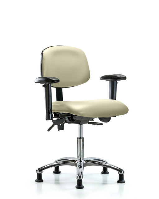 Blue Ridge Ergonomics® Adobe White Vinyl Lab Chair Chrome Base with Standard Back, Seat Tilt, Arms, and Stationary Glides Desk Height