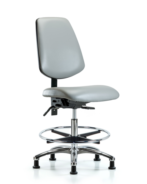 Blue Ridge Ergonomics® Dove Vinyl Lab Chair Chrome Base with Large Back, Chrome Foot Ring, and Stationary Glides Medium Bench Height