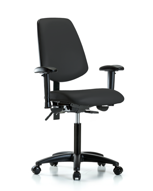 Blue Ridge Ergonomics® Medium Bench Height Lab Chair Black Base with Large Back, Seat Tilt, Adjustable Arms, and Casters Black Trailblazer™ Vinyl