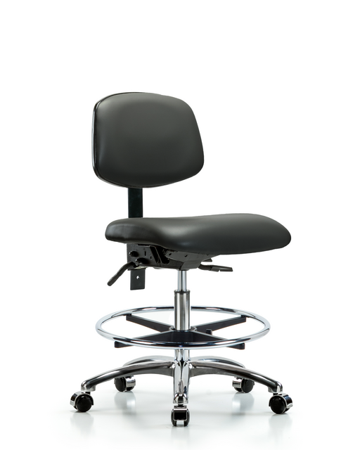 Blue Ridge Ergonomics® Carbon Vinyl Lab Chair Chrome Base with Standard Back, Seat Tilt, Chrome Foot Ring, and Casters Medium Bench Height