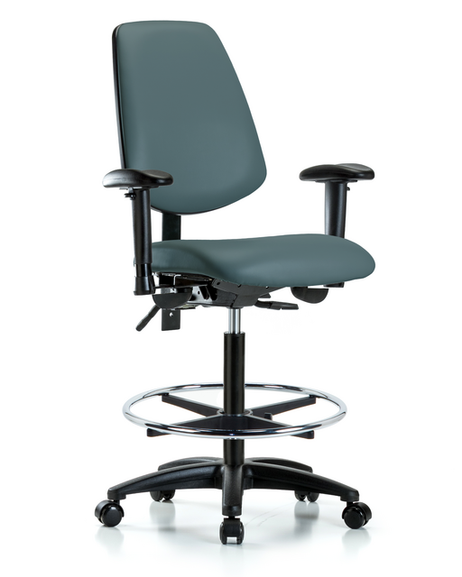 Blue Ridge Ergonomics® High Bench Height Lab Chair Black Base with Large Back, Adjustable Arms, Chrome Foot Ring, and Casters Colonial Blue Trailblazer™ Vinyl