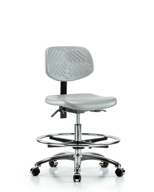 Blue Ridge Ergonomics® Medium Bench Height Lab Chair Chrome Base with Standard Back, Seat Tilt, Chrome Foot Ring, and Casters Gray Polyurethane