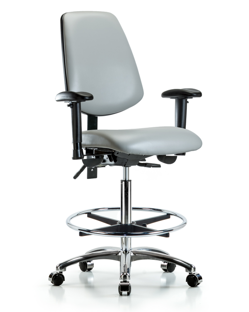 Blue Ridge Ergonomics® Dove Vinyl Lab Chair Chrome Base with Large Back, Adjustable Arms, Chrome Foot Ring, and Casters High Bench Height