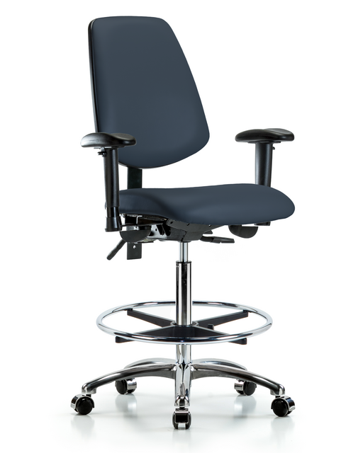 Blue Ridge Ergonomics® Imperial Blue Vinyl Lab Chair Chrome Base with Large Back, Adjustable Arms, Chrome Foot Ring, and Casters High Bench Height