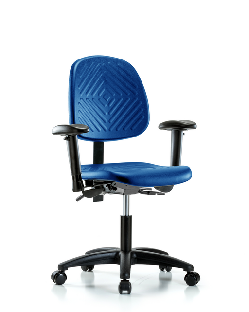 Blue Ridge Ergonomics® Desk Height Lab Chair Black Base with Large Back, Seat Tilt, Adjustable Arms, and Casters Blue Polyurethane