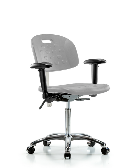 Blue Ridge Ergonomics® Medium Bench Height Class 100 Cleanroom Lab Chair Chrome Base with Integrated Handle, Seat Tilt, Adjustable Arms, and Casters Gray Polyurethane