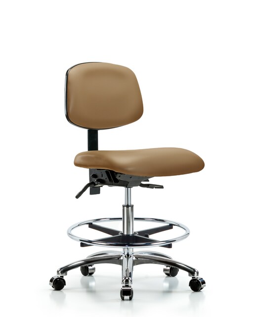 Blue Ridge Ergonomics® Taupe Vinyl Lab Chair Chrome Base with Standard Back, Seat Tilt, Chrome Foot Ring, and Casters Medium Bench Height