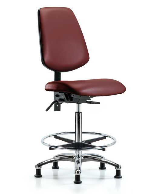 Blue Ridge Ergonomics® Borscht Vinyl Lab Chair Chrome Base with Large Back, Seat Tilt, Chrome Foot Ring, and Stationary Glides High Bench Height