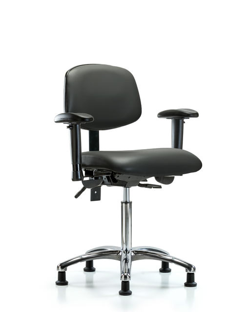 Blue Ridge Ergonomics® Carbon Vinyl Lab Chair Chrome Base with Standard Back, Seat Tilt, Arms, and Stationary Glides Medium Bench Height
