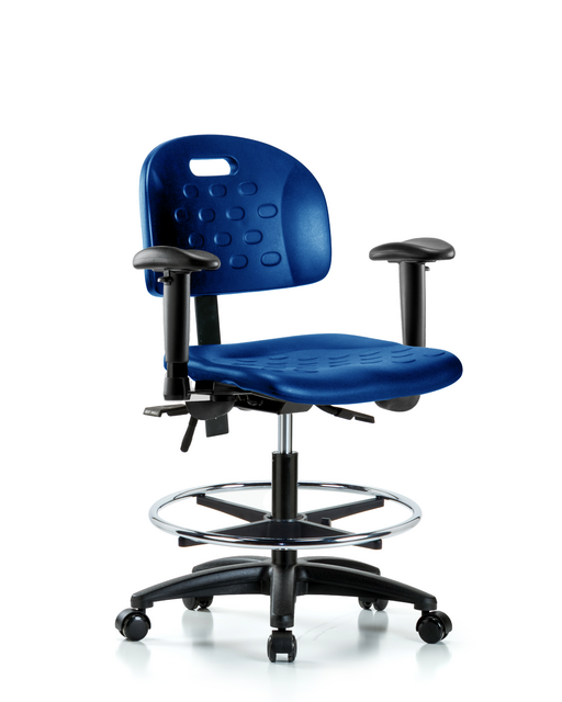 Blue Ridge Ergonomics® Medium Bench Height Lab Chair Black Base with Integrated Handle, Seat Tilt, Adjustable Arms, Chrome Foot Ring, and Casters Blue Polyurethane