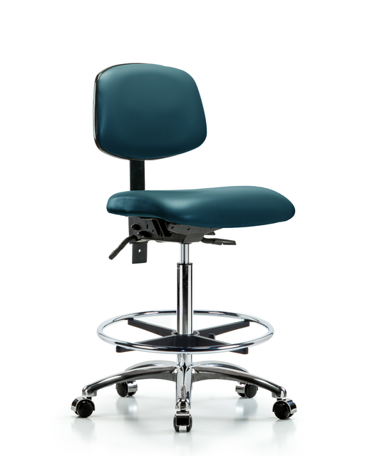Blue Ridge Ergonomics® Marine Blue Vinyl Lab Chair Chrome Base with Standard Back, Chrome Foot Ring, and Casters High Bench Height