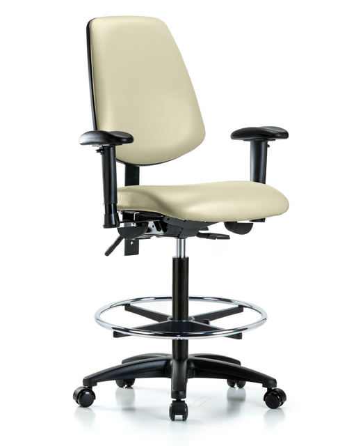 Blue Ridge Ergonomics® High Bench Height Lab Chair Black Base with Large Back, Adjustable Arms, Chrome Foot Ring, and Casters Adobe White Trailblazer™ Vinyl
