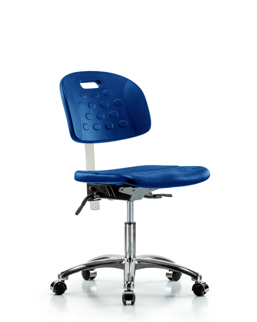 Blue Ridge Ergonomics® Desk Height Class 10 Cleanroom Lab Chair Chrome Base with Integrated Handle and Casters Blue Polyurethane