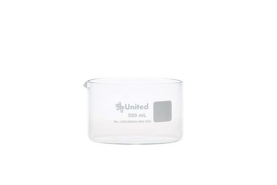 United Scientific® CrystalClear™ Crystallizing Dish, Flat Bottom - with spout, Borosilicate Glass 500 mL Pack/6