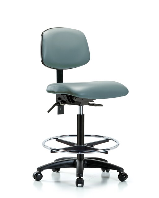 Blue Ridge Ergonomics® High Bench Height Lab Chair Black Base with Standard Back, Chrome Foot Ring, and Casters Storm Supernova™ Vinyl
