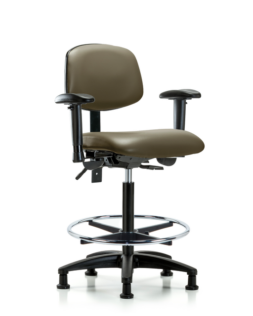 Blue Ridge Ergonomics® High Bench Height Lab Chair Black Base with Standard Back, Seat Tilt, Adjustable Arms, Chrome Foot Ring, and Stationary Glides Taupe Supernova™ Vinyl