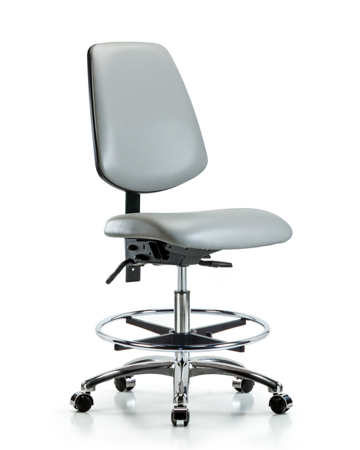 Blue Ridge Ergonomics® Dove Vinyl Lab Chair Chrome Base with Large Back, Chrome Foot Ring, and Casters Medium Bench Height