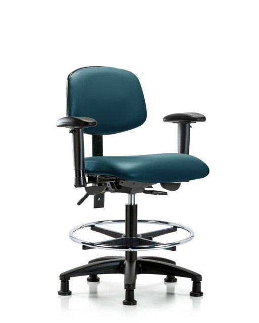 Blue Ridge Ergonomics® Medium Bench Height Lab Chair Black Base with Standard Back, Seat Tilt, Adjustable Arms, Chrome Foot Ring, and Stationary Glides Marine Blue Supernova™ Vinyl