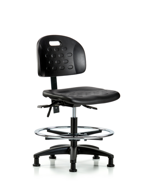 Blue Ridge Ergonomics® Medium Bench Height Lab Chair Black Base with Integrated Handle, Seat Tilt, Chrome Foot Ring, and Stationary Glides Black Polyurethane
