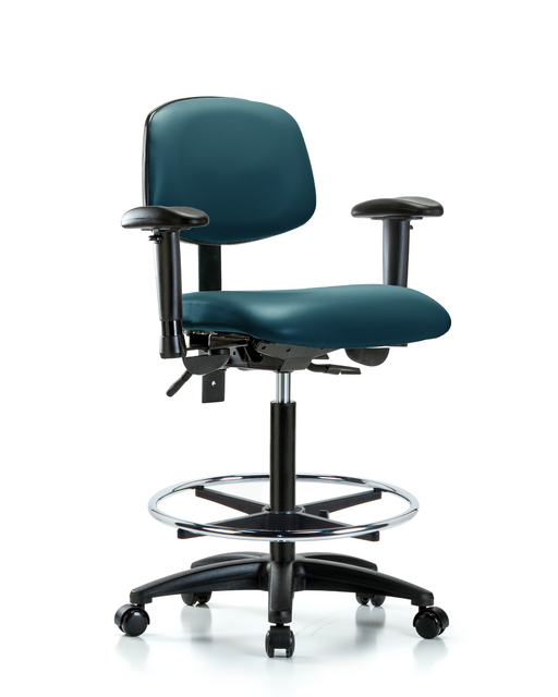 Blue Ridge Ergonomics® Marine Blue Vinyl Lab Chair Standard Back with Arms with Black Base High Bench Height