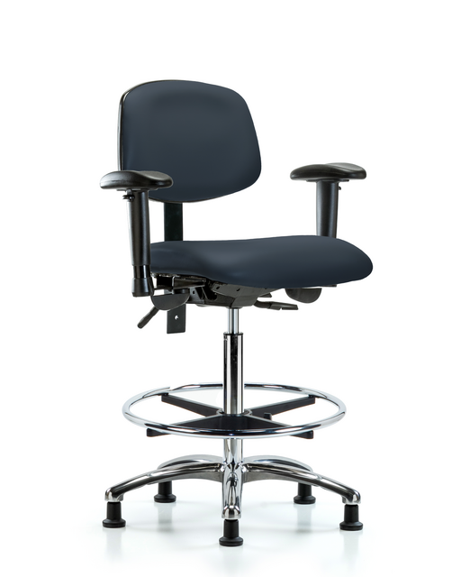 Blue Ridge Ergonomics® Imperial Blue Vinyl Lab Chair Chrome Base with Standard Back, Adjustable Arms, Chrome Foot Ring, and Stationary Glides High Bench Height