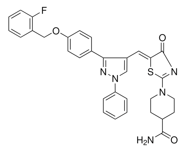 1-{(5Z)-5-[(3-{4-[(2-FLUOROBENZYL)OXY]PHENYL}-1-PHENYL-1H-PYRAZOL-4-YL)METHYLENE]-4-OXO-4,5-DIHYDRO-1,3-THIAZOL-2-YL}-4-PIPERIDINECARBOXAMIDE AldrichCPR