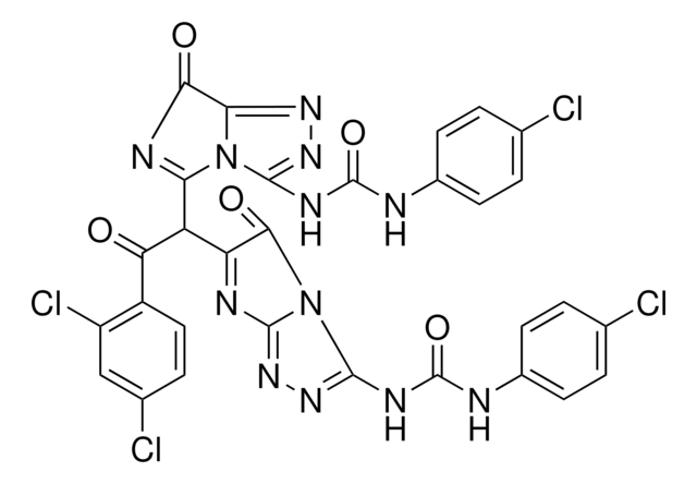 N-{5-[1-(3-{[(4-CHLOROANILINO)CARBONYL]AMINO}-5-OXO-5H-IMIDAZO[2,1-C][1,2,4]TRIAZOL-6-YL)-2-(2,4-DICHLOROPHENYL)-2-OXOETHYL]-7-OXO-7H-IMIDAZO[5,1-C][1,2,4]TRIAZOL-3-YL}-N'-(4-CHLOROPHENYL)UREA AldrichCPR