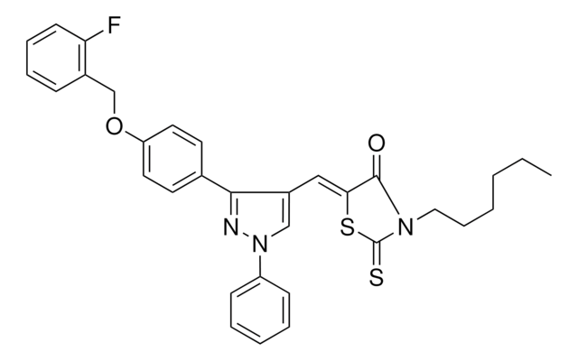 (5Z)-5-[(3-{4-[(2-FLUOROBENZYL)OXY]PHENYL}-1-PHENYL-1H-PYRAZOL-4-YL)METHYLENE]-3-HEXYL-2-THIOXO-1,3-THIAZOLIDIN-4-ONE AldrichCPR