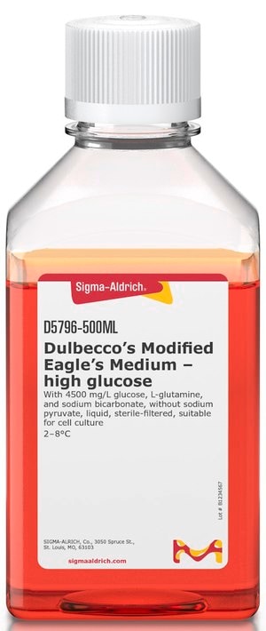 Dulbecco’s Modified Eagle’s Medium - high glucose With 4500 mg/L glucose, L-glutamine, and sodium bicarbonate, without sodium pyruvate, liquid, sterile-filtered, suitable for cell culture