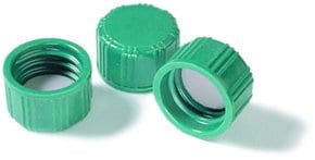 螺旋盖，带聚四氟乙烯衬里的实心顶部，100个装 green melamine resin solid cap, F217/PTFE liner, for use with 20 or 40 mL vial with 24-400 thread