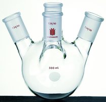 Synthware&#8482; four neck round bottom flask with angled side necks capacity 50&#160;mL, center joint: ST/NS 14/20, side joint: ST/NS 14/20