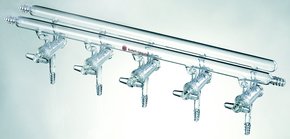 Synthware&#8482; all-glass vacuum/inert gas manifold with hollow high vacuum stopcocks port size 5, Hose Connections: Front-left-right, Rear-left