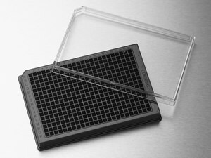 Corning&#174; 384 well microplate, low flange Tissue Culture (TC)-treated surface, black polystyrene, flat bottom, sterile, lid, pack of 10